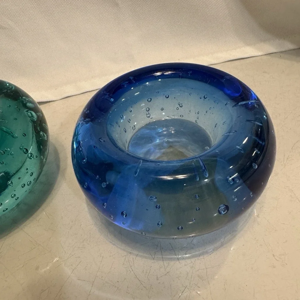 IKEA Bubble Glass‎ Votive Holders Teal Green & Blue Set Of 2